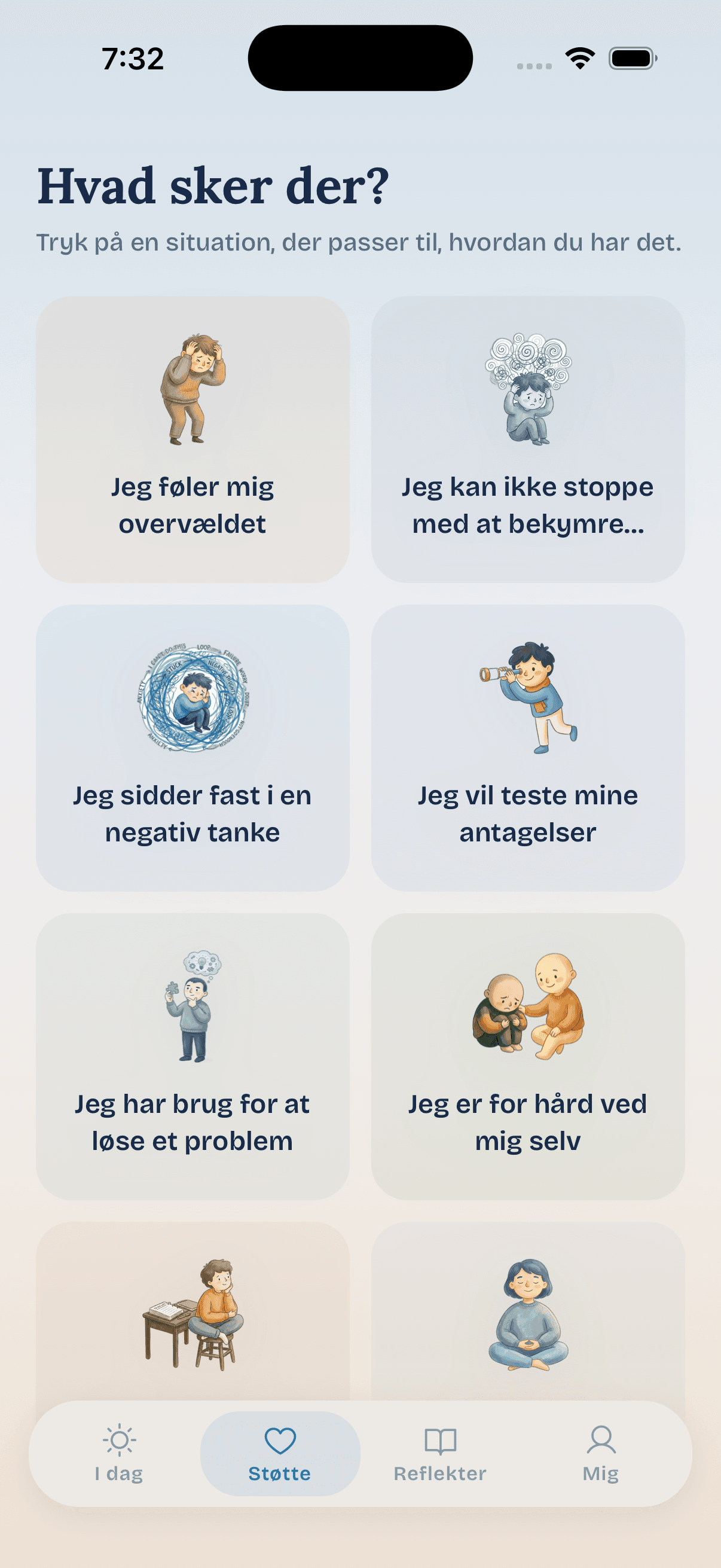 Skærmbillede af Støtte-fanen i Den Krøllede Hjerne